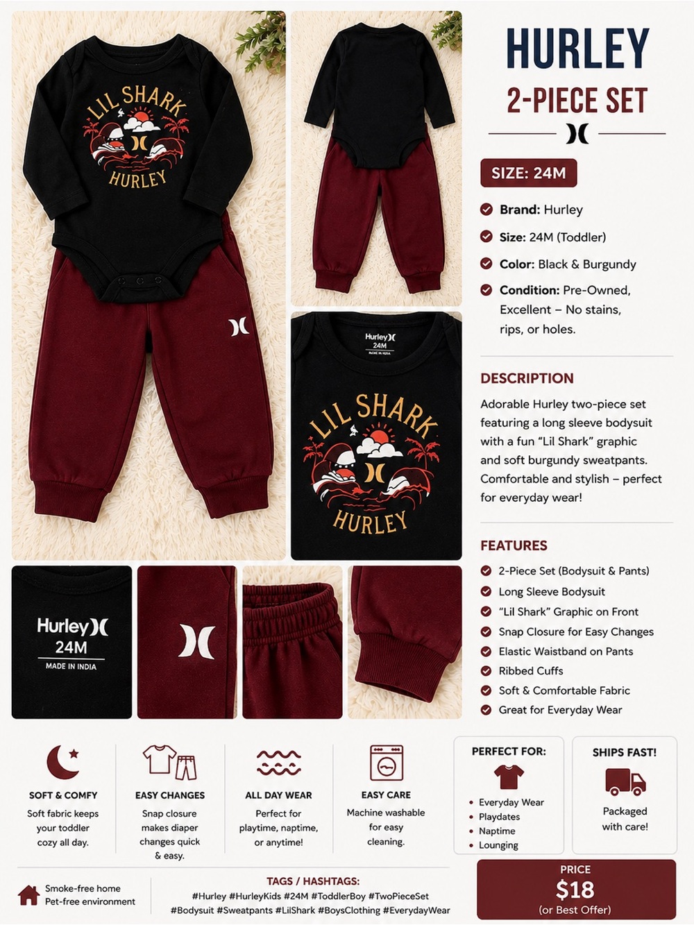 Hurley Black & Burgundy 'Lil Shark' 2-Piece Set